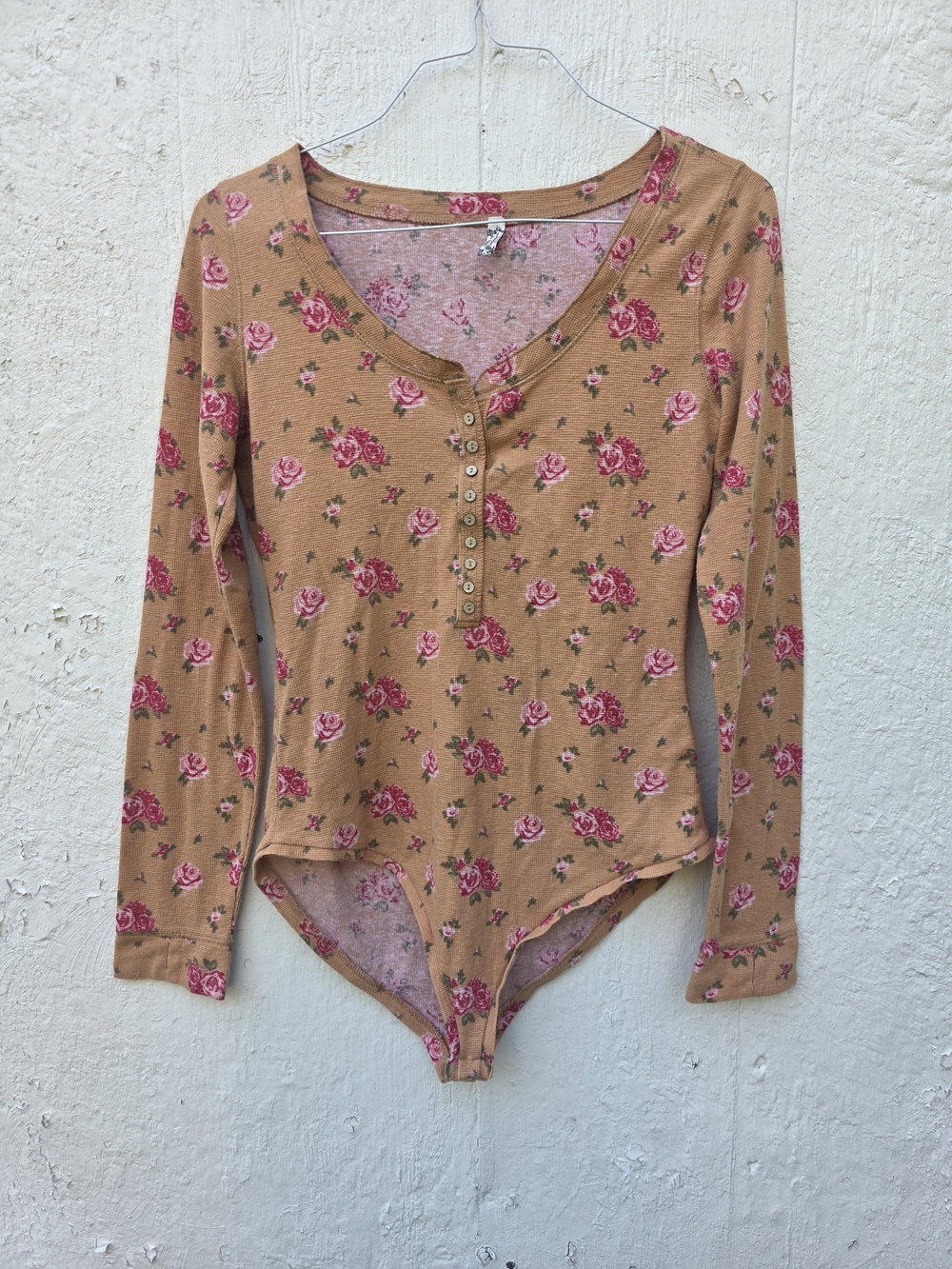 Free People Dylan Thermal Rose Floral Henley Body Suit Size XL